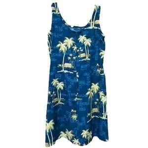 KOKO Island Hawaiian Sleeveless Shift Dress Blue w/ Palm Trees Back Zip-Up L
